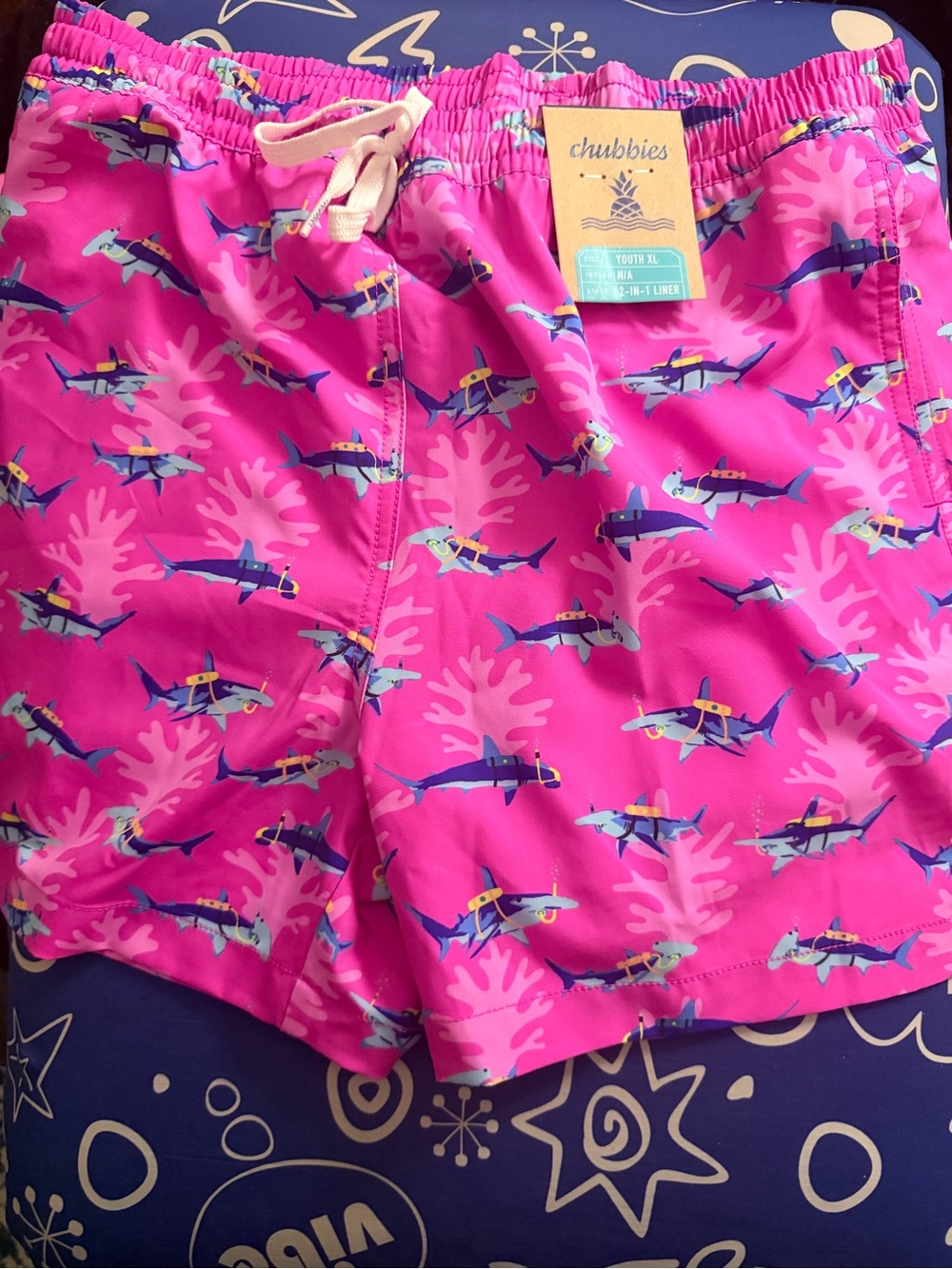 chubbies Hot Pink Shark Print Kids Swim Trunks